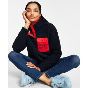 Tommy Hilfiger Womens Sherpa Jacket Large Navy Blue Pullover 1/4 Snap NWT